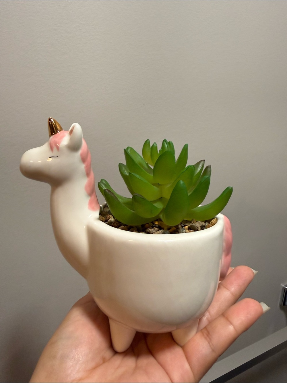 Pink White Ceramic Unicorn Planter with Pink Mane and Gold Horn